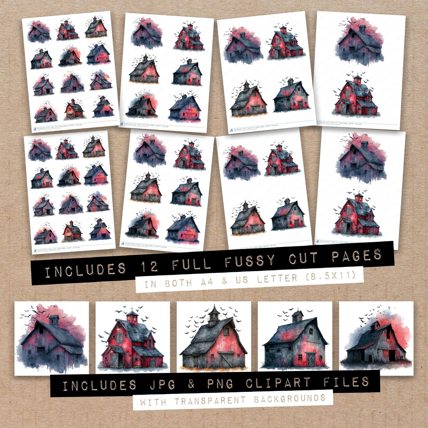 Full collection view of Haunted Bat Barn fussy cut sheets with bonus clipart JPG and PNG files