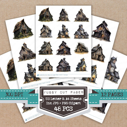 Haunted Broken Barn fussy cut printable sheets for junk journaling, scrapbooking, and paper craft projects