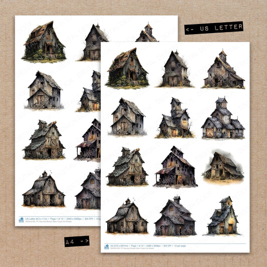A4 and US Letter format comparison showing Haunted Broken Barn fussy cut pages for print and cut crafting