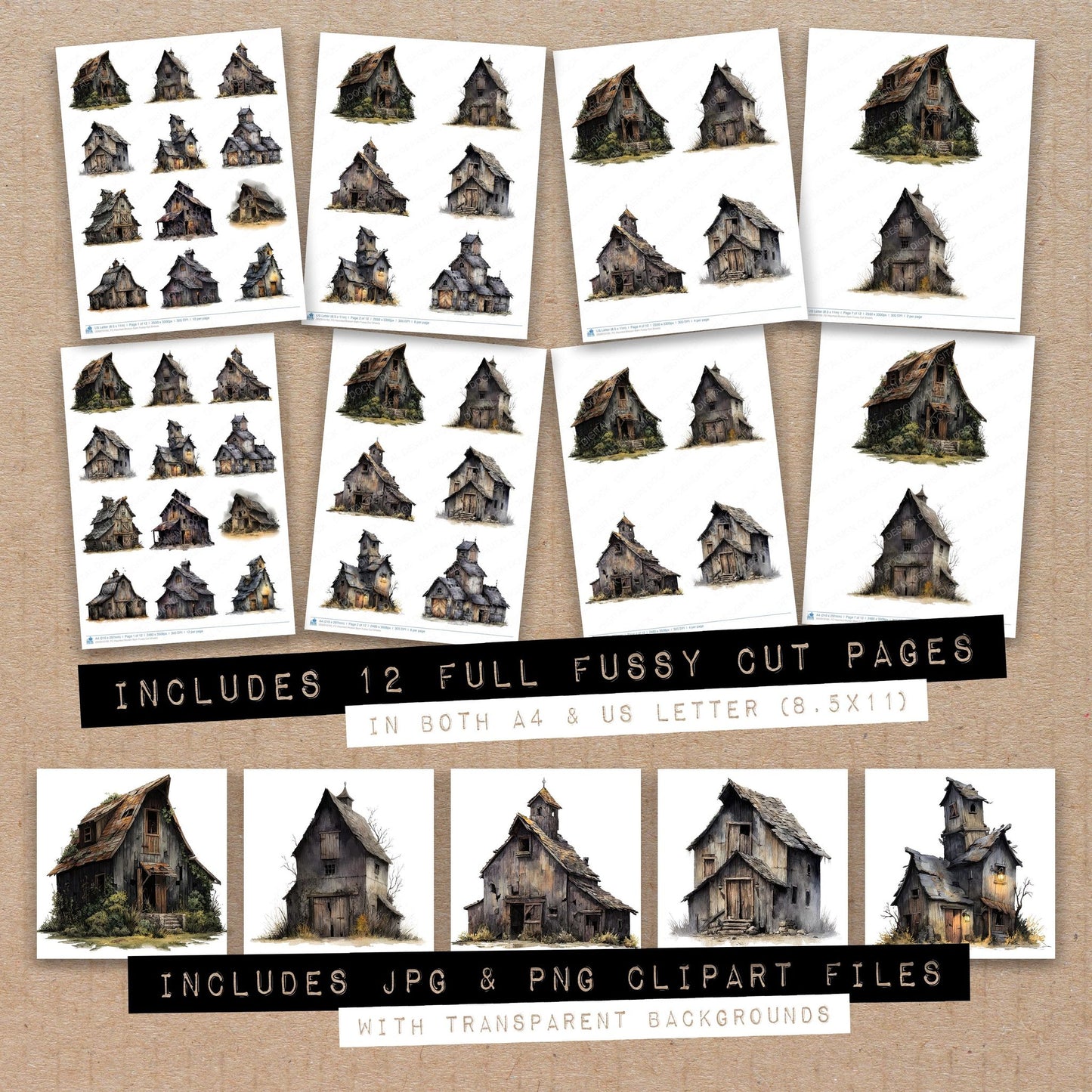 Full collection view of Haunted Broken Barn fussy cut sheets with bonus clipart JPG and PNG files