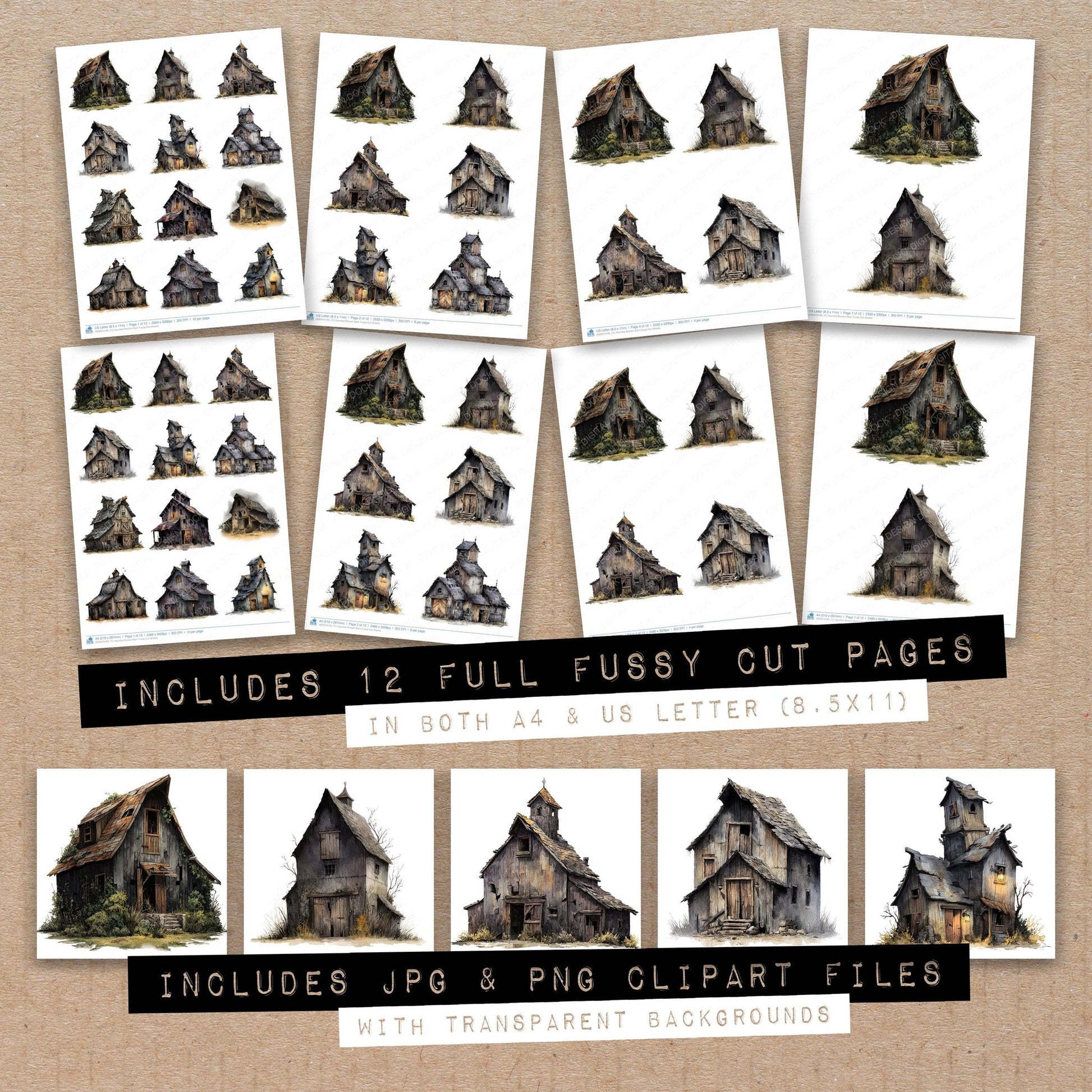 Full collection view of Haunted Broken Barn fussy cut sheets with bonus clipart JPG and PNG files