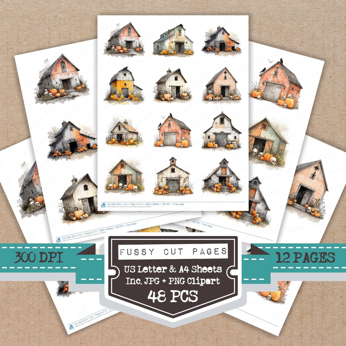 Haunted Pumpkin Barn fussy cut printable sheets for junk journaling, scrapbooking, and paper craft projects