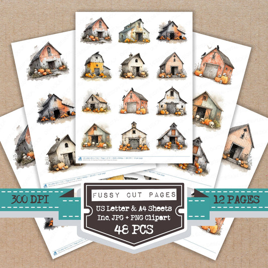 Haunted Pumpkin Barn fussy cut printable sheets for junk journaling, scrapbooking, and paper craft projects
