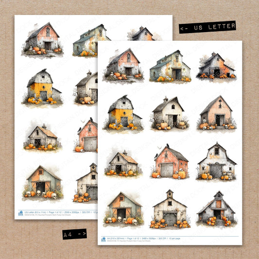 A4 and US Letter format comparison showing Haunted Pumpkin Barn fussy cut pages for print and cut crafting