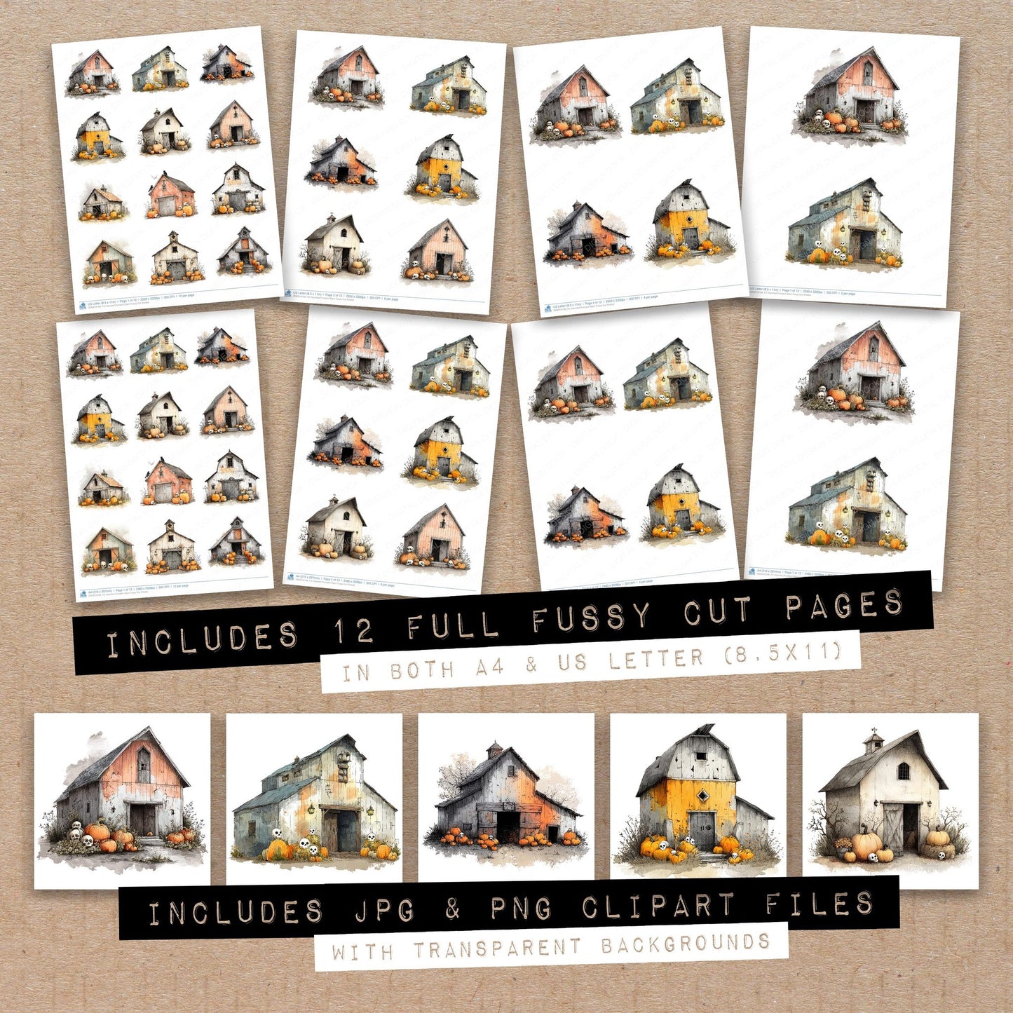 Full collection view of Haunted Pumpkin Barn fussy cut sheets with bonus clipart JPG and PNG files