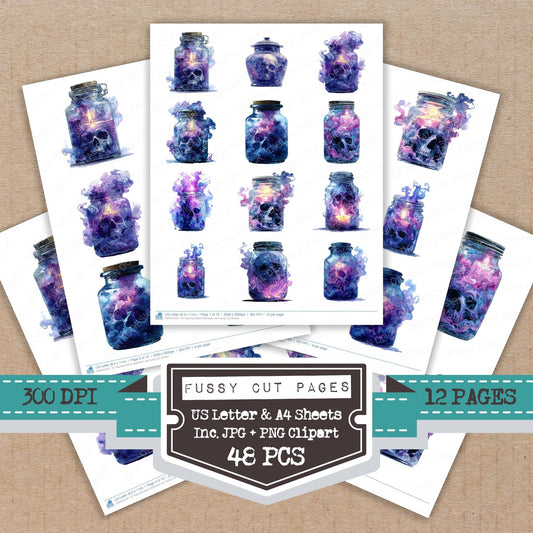 Haunted Skull Halloween Jar fussy cut printable sheets for junk journaling, scrapbooking, and paper craft projects