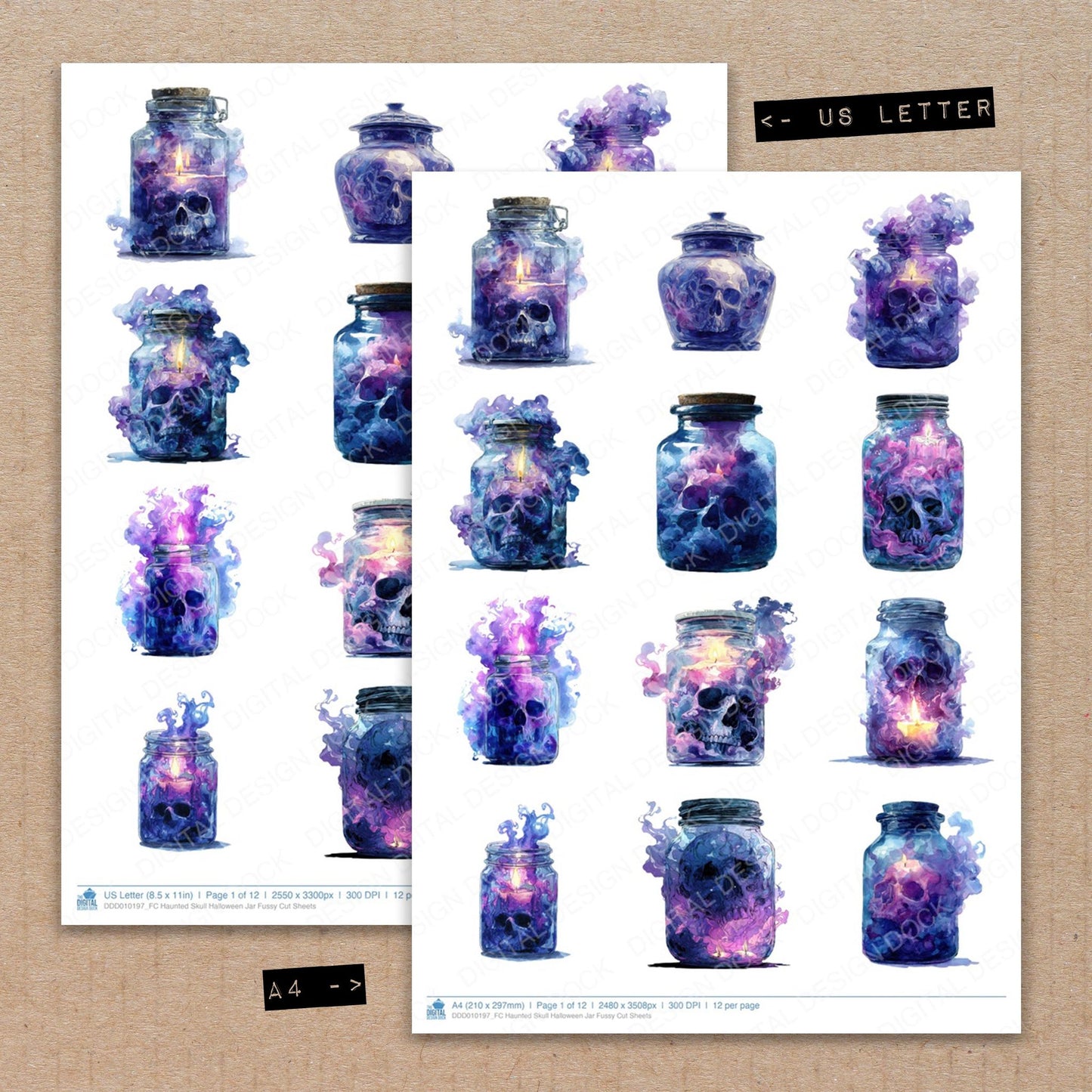 A4 and US Letter format comparison showing Haunted Skull Halloween Jar fussy cut pages for print and cut crafting