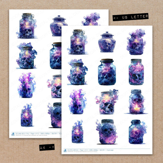 A4 and US Letter format comparison showing Haunted Skull Halloween Jar fussy cut pages for print and cut crafting