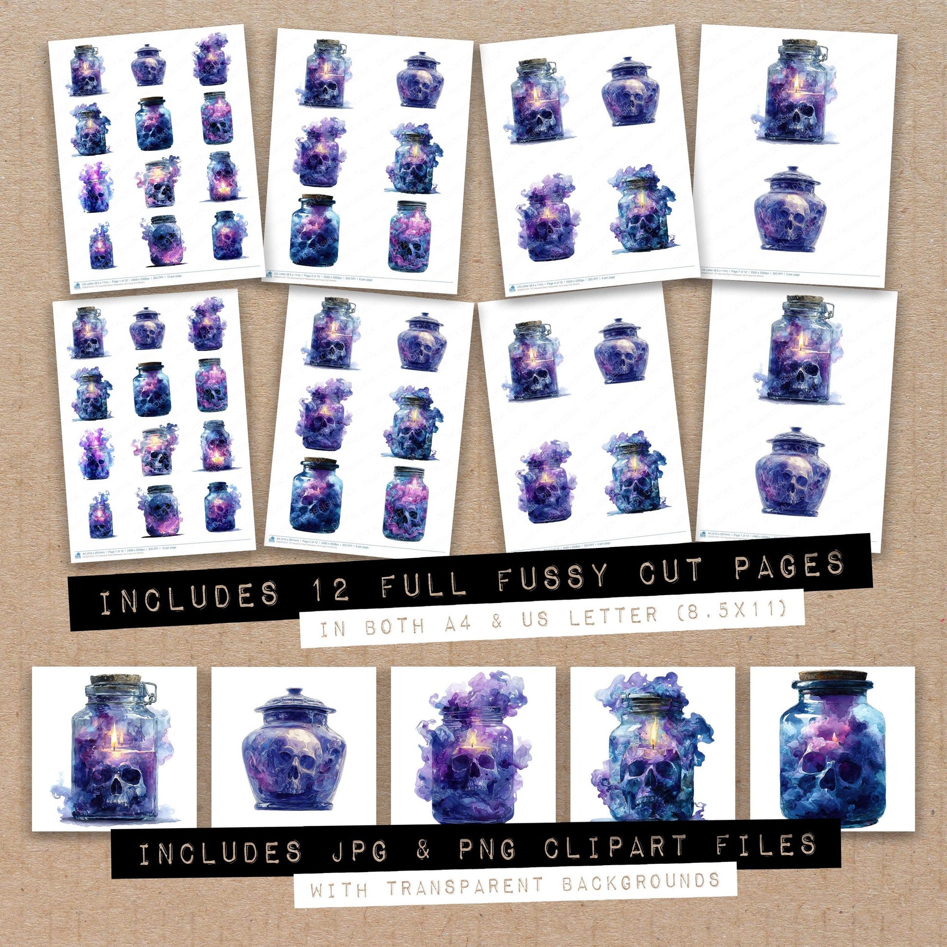 Full collection view of Haunted Skull Halloween Jar fussy cut sheets with bonus clipart JPG and PNG files