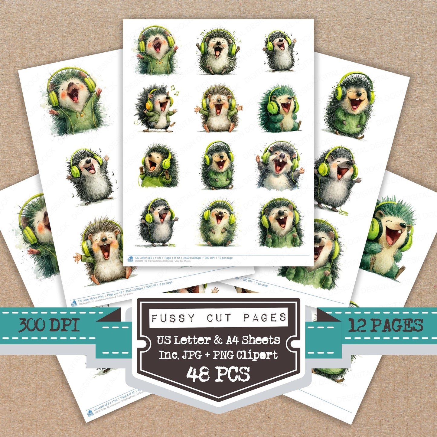 Headphone Hedgehog fussy cut printable sheets for junk journaling, scrapbooking, and paper craft projects