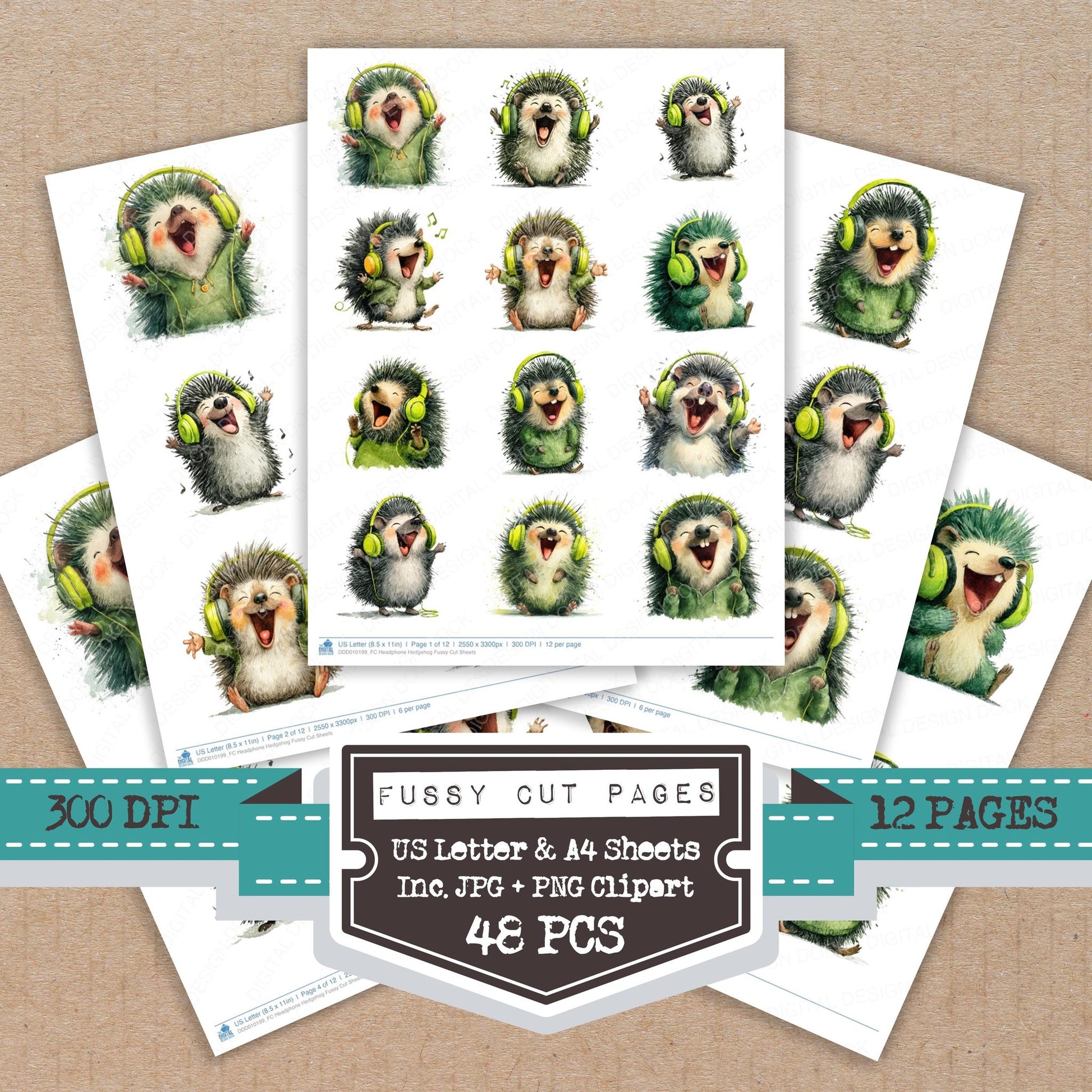 Headphone Hedgehog fussy cut printable sheets for junk journaling, scrapbooking, and paper craft projects