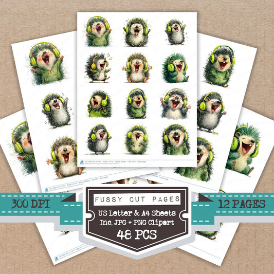 Headphone Hedgehog fussy cut printable sheets for junk journaling, scrapbooking, and paper craft projects