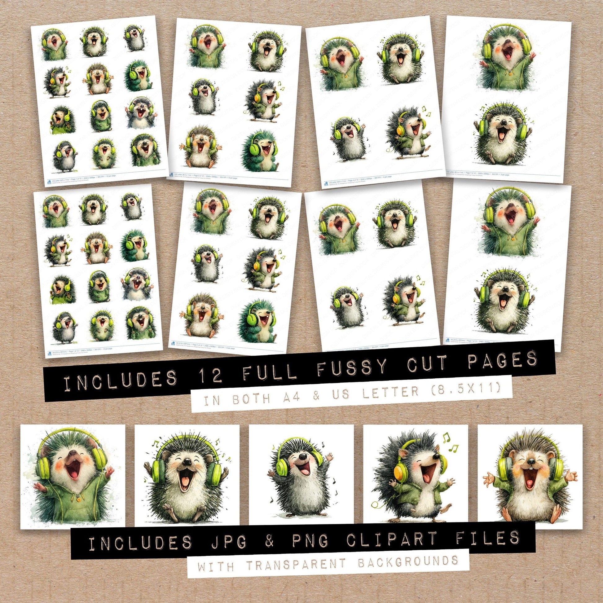 Full collection view of Headphone Hedgehog fussy cut sheets with bonus clipart JPG and PNG files