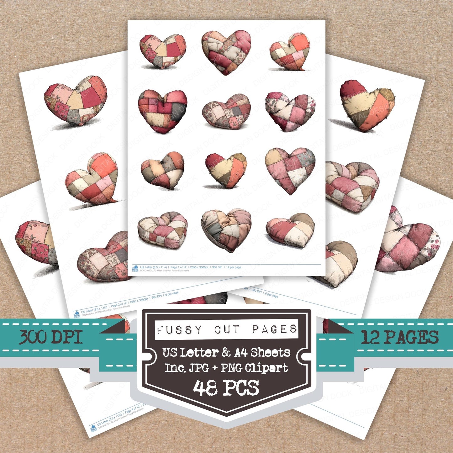 Heart Cushion fussy cut printable sheets for junk journaling, scrapbooking, and paper craft projects