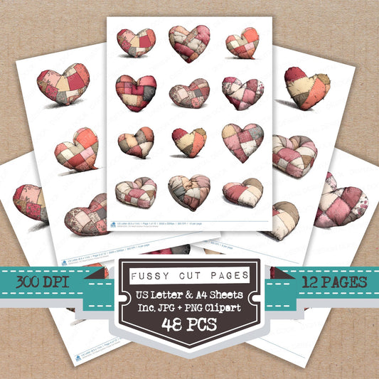 Heart Cushion fussy cut printable sheets for junk journaling, scrapbooking, and paper craft projects