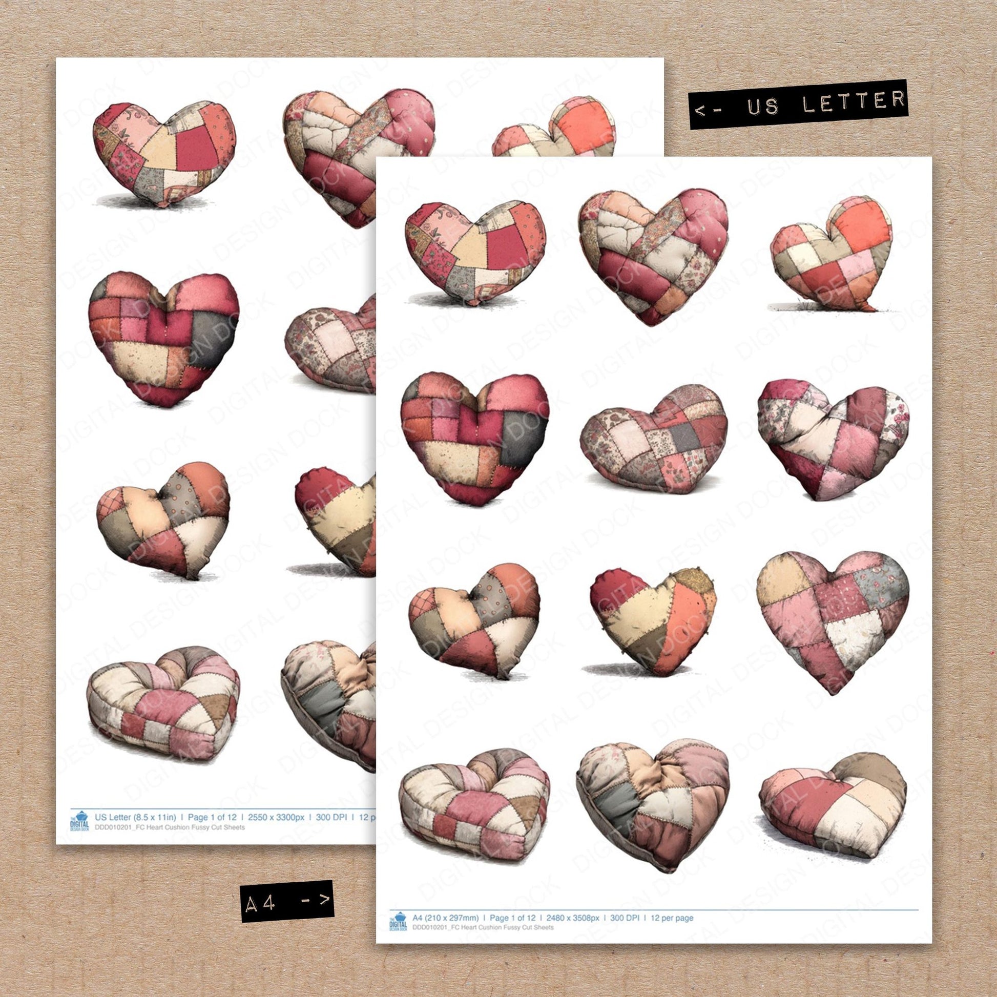 A4 and US Letter format comparison showing Heart Cushion fussy cut pages for print and cut crafting