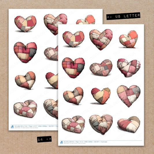 A4 and US Letter format comparison showing Heart Cushion fussy cut pages for print and cut crafting