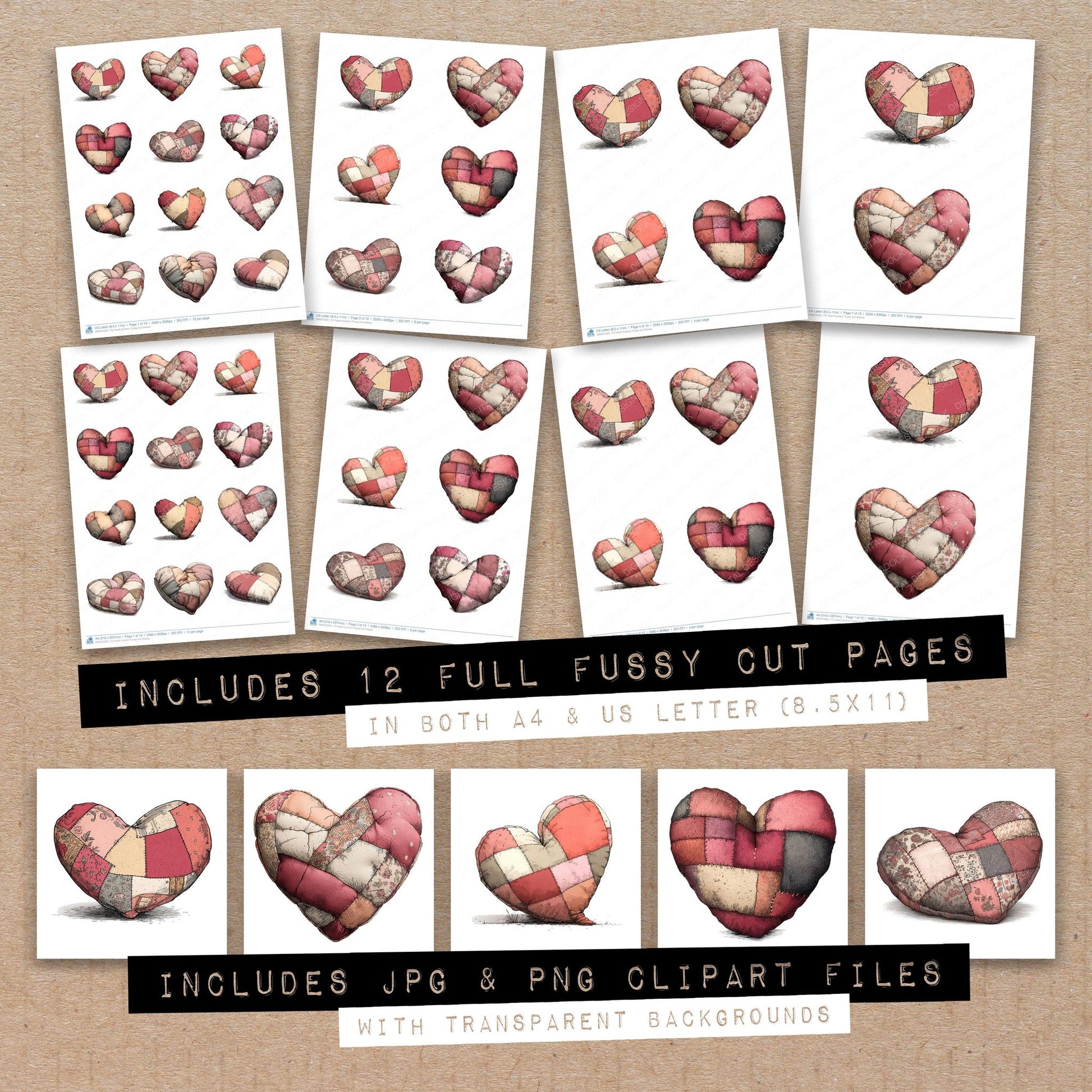 Full collection view of Heart Cushion fussy cut sheets with bonus clipart JPG and PNG files