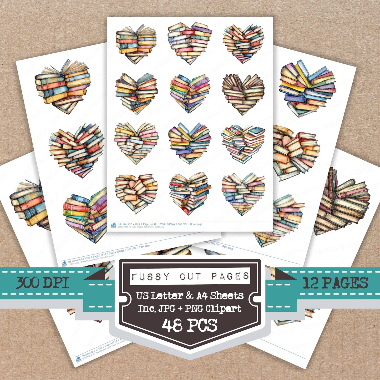 Heart Shaped Books fussy cut printable sheets for junk journaling, scrapbooking, and paper craft projects