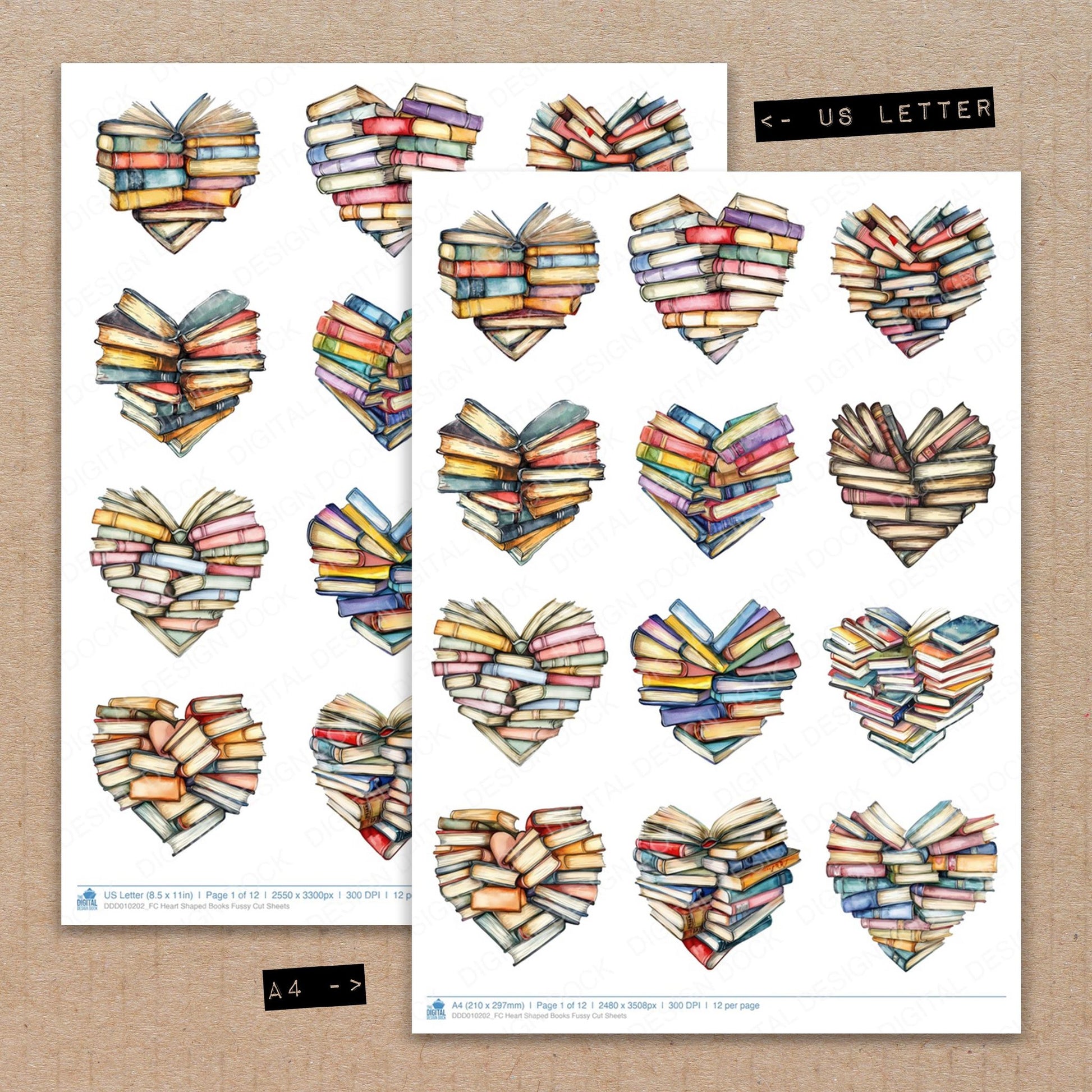 A4 and US Letter format comparison showing Heart Shaped Books fussy cut pages for print and cut crafting