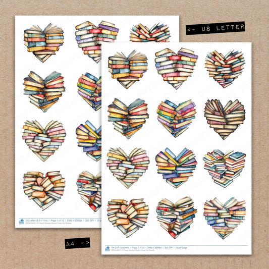 A4 and US Letter format comparison showing Heart Shaped Books fussy cut pages for print and cut crafting