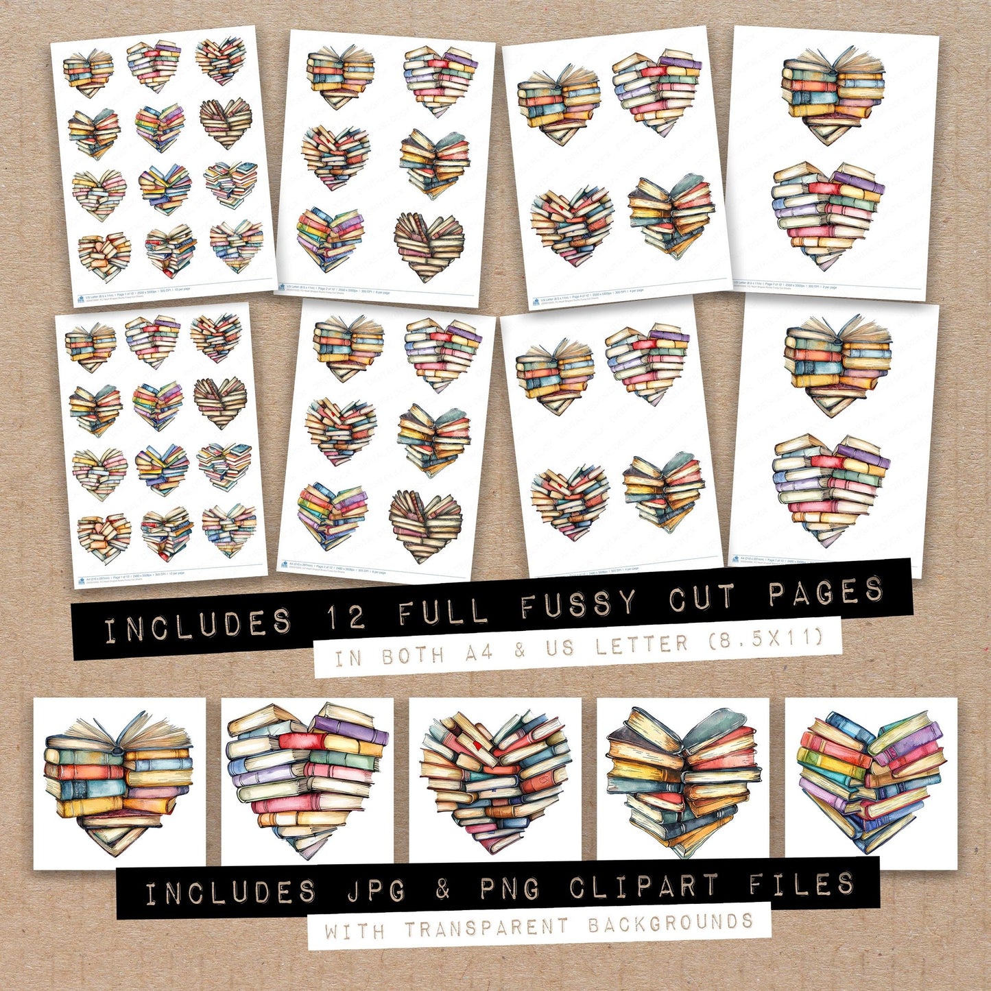 Full collection view of Heart Shaped Books fussy cut sheets with bonus clipart JPG and PNG files