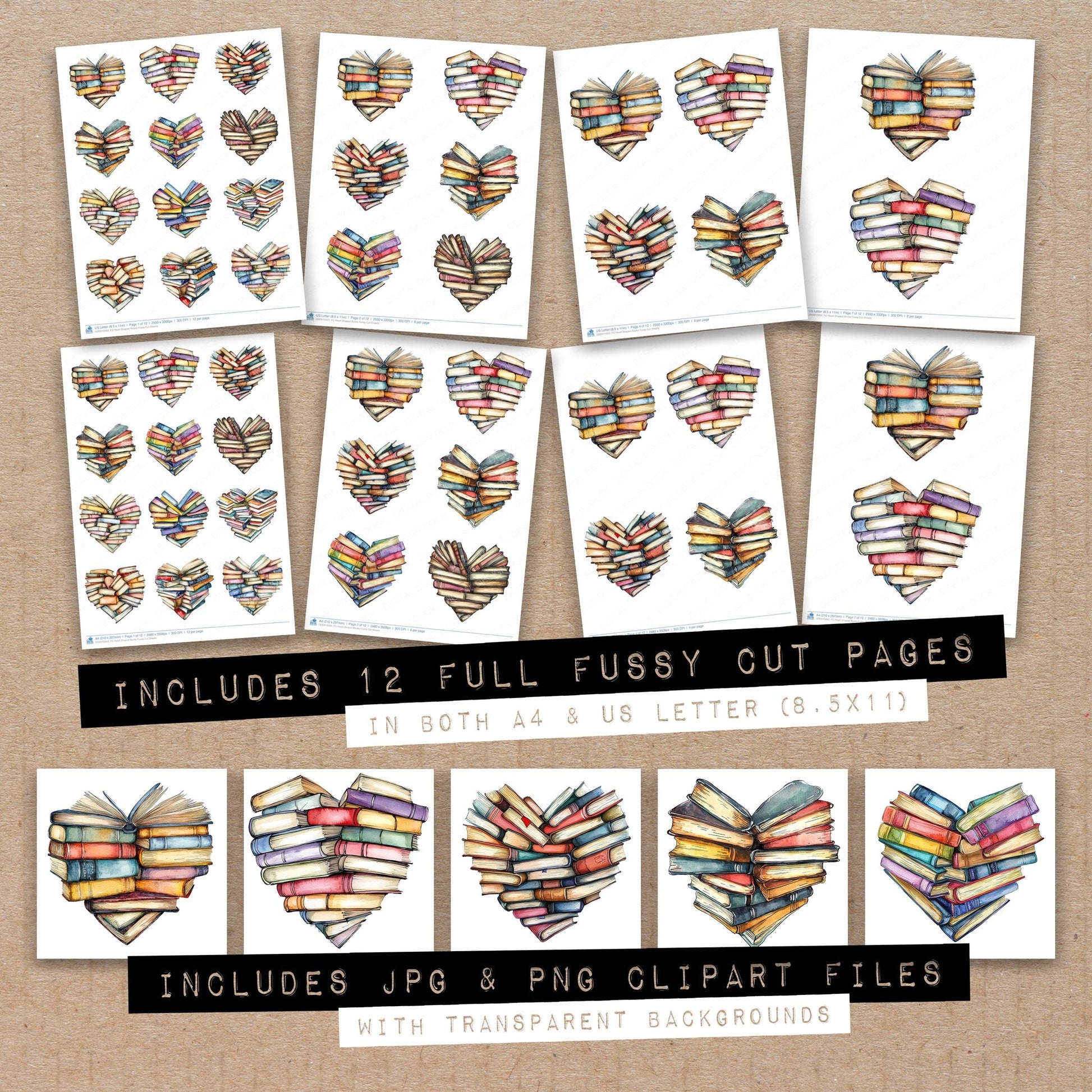 Full collection view of Heart Shaped Books fussy cut sheets with bonus clipart JPG and PNG files