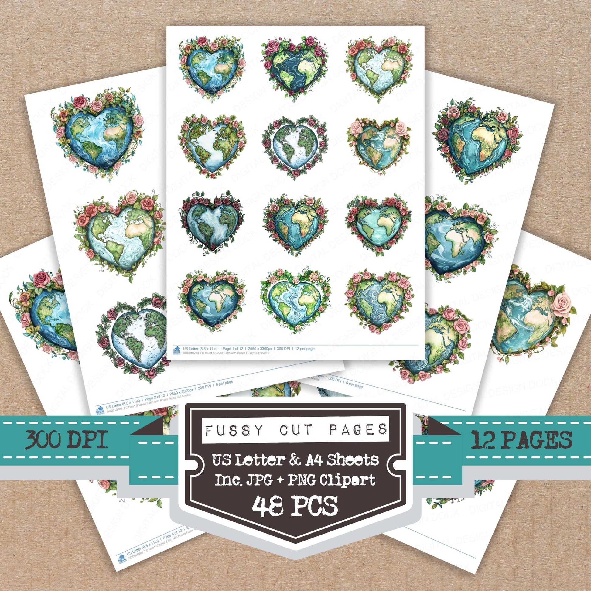 Heart Shaped Earth with Roses fussy cut printable sheets for junk journaling, scrapbooking, and paper craft projects