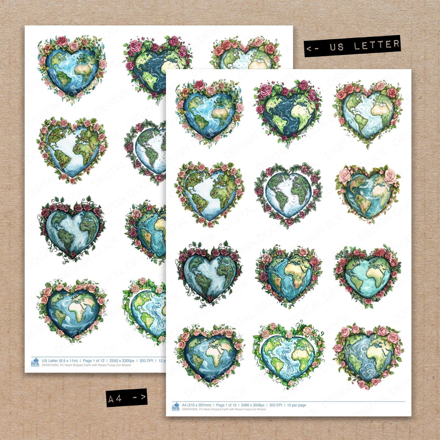 A4 and US Letter format comparison showing Heart Shaped Earth with Roses fussy cut pages for print and cut crafting