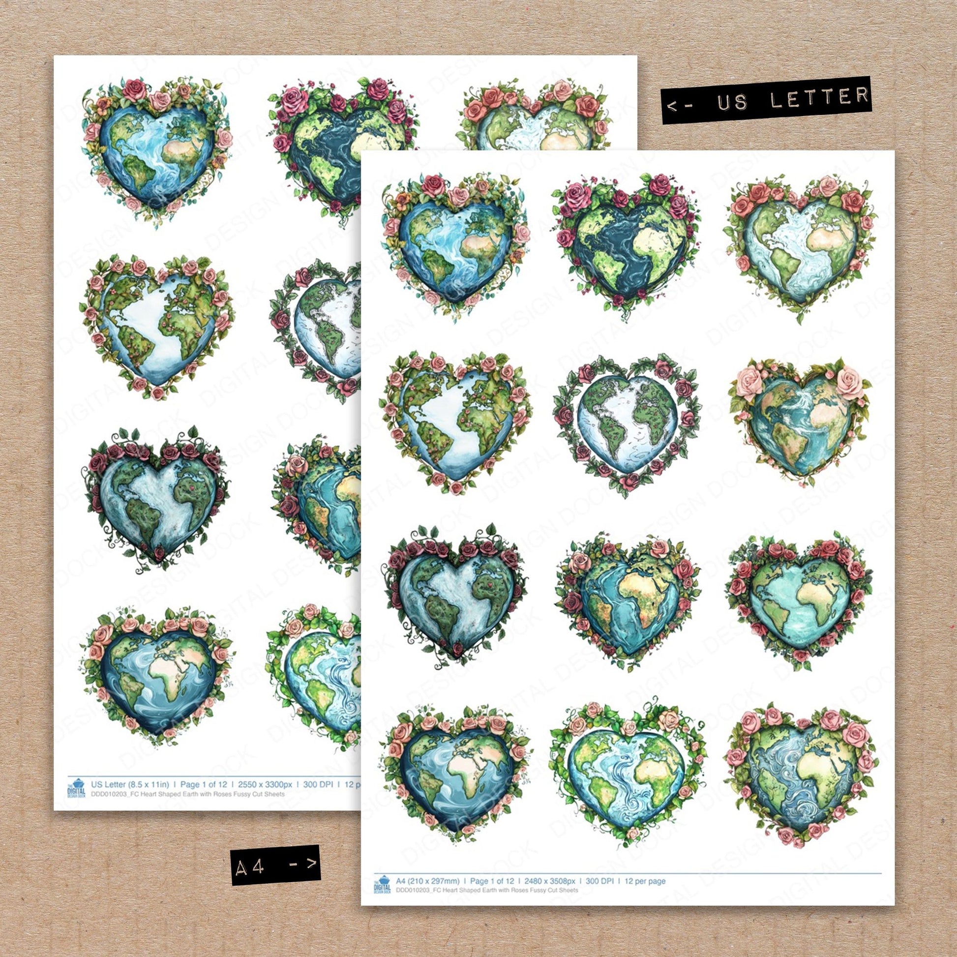 A4 and US Letter format comparison showing Heart Shaped Earth with Roses fussy cut pages for print and cut crafting