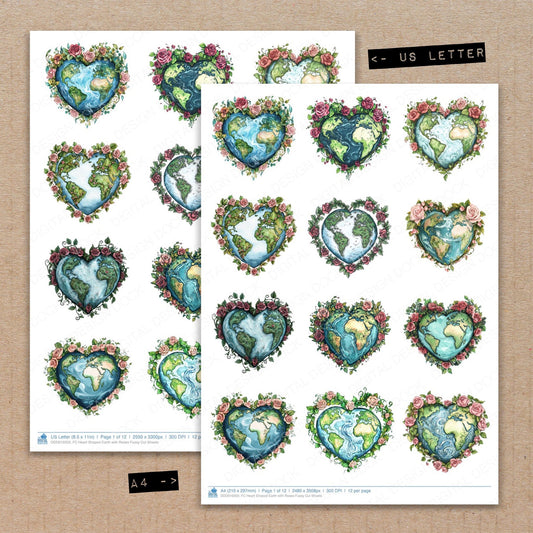 A4 and US Letter format comparison showing Heart Shaped Earth with Roses fussy cut pages for print and cut crafting