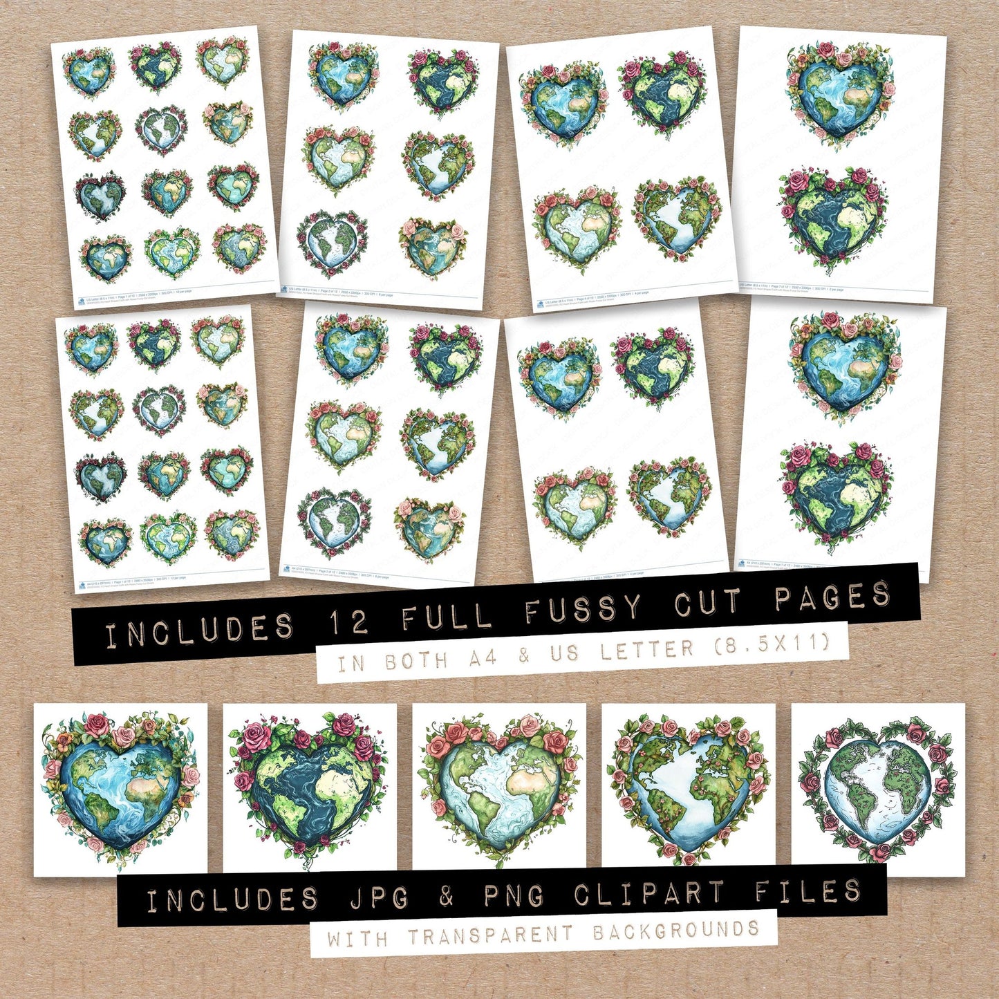 Full collection view of Heart Shaped Earth with Roses fussy cut sheets with bonus clipart JPG and PNG files