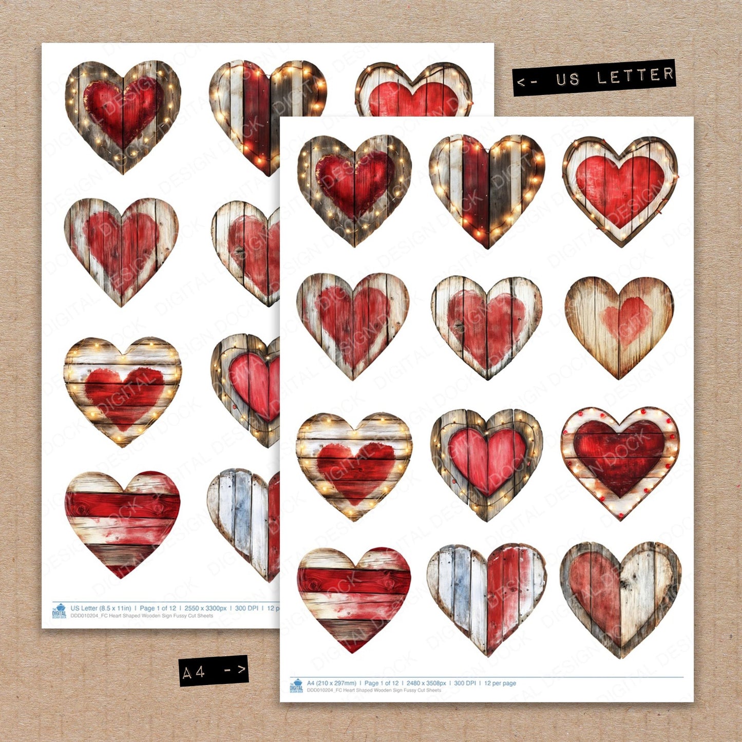 A4 and US Letter format comparison showing Heart Shaped Wooden Sign fussy cut pages for print and cut crafting