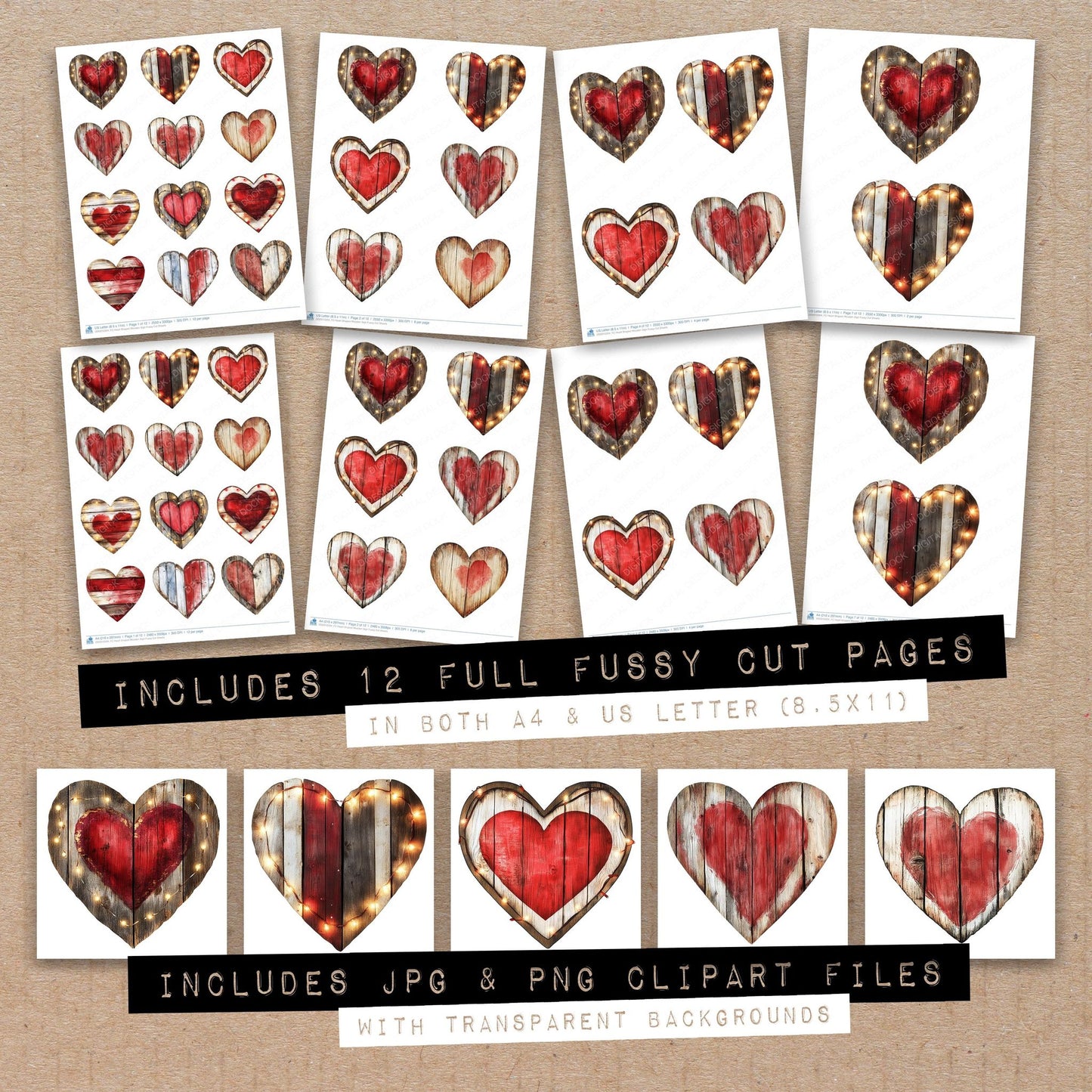 Full collection view of Heart Shaped Wooden Sign fussy cut sheets with bonus clipart JPG and PNG files