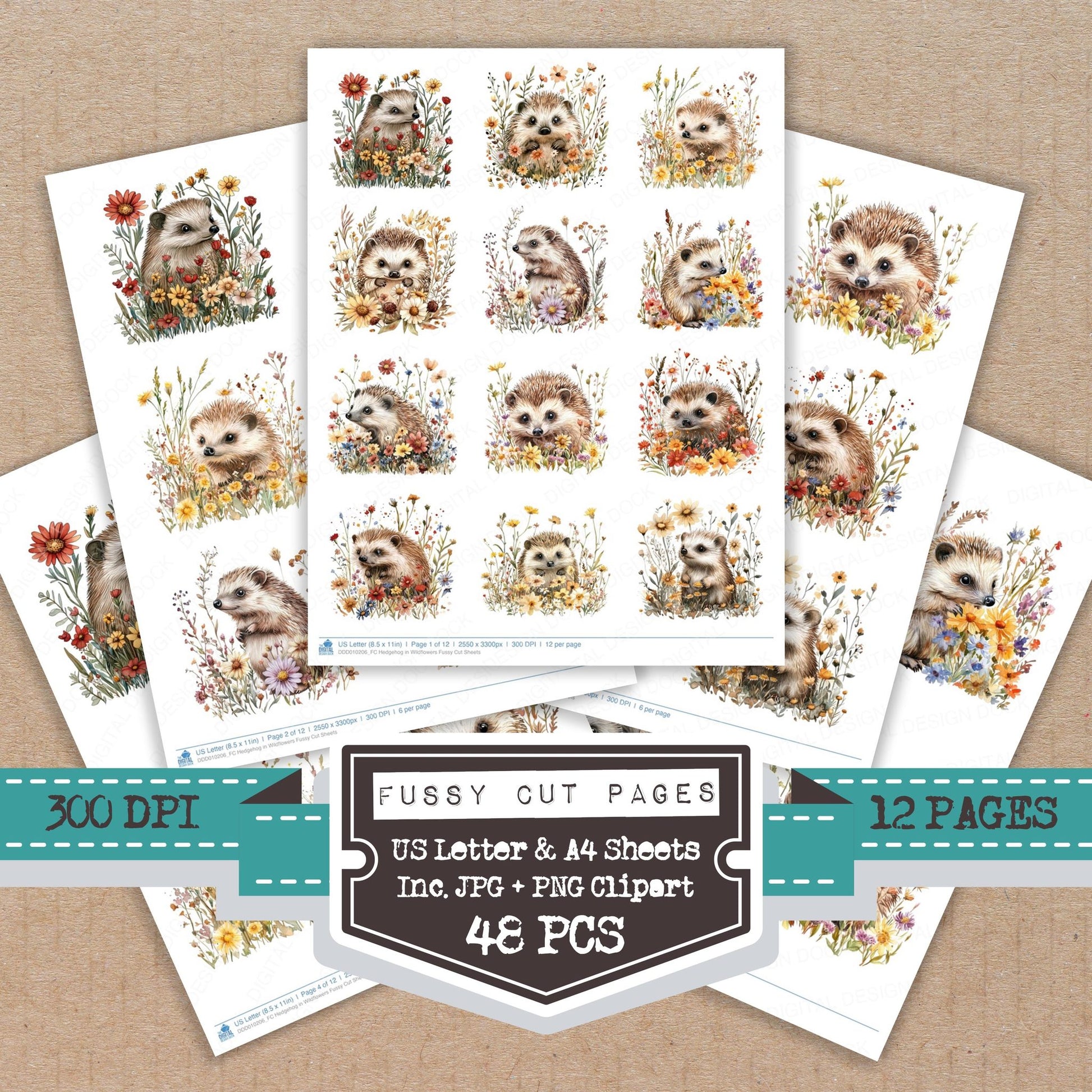 Hedgehog in Wildflowers fussy cut printable sheets for junk journaling, scrapbooking, and paper craft projects