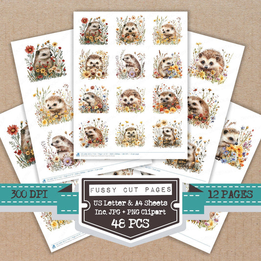 Hedgehog in Wildflowers fussy cut printable sheets for junk journaling, scrapbooking, and paper craft projects