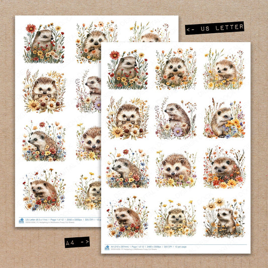 A4 and US Letter format comparison showing Hedgehog in Wildflowers fussy cut pages for print and cut crafting