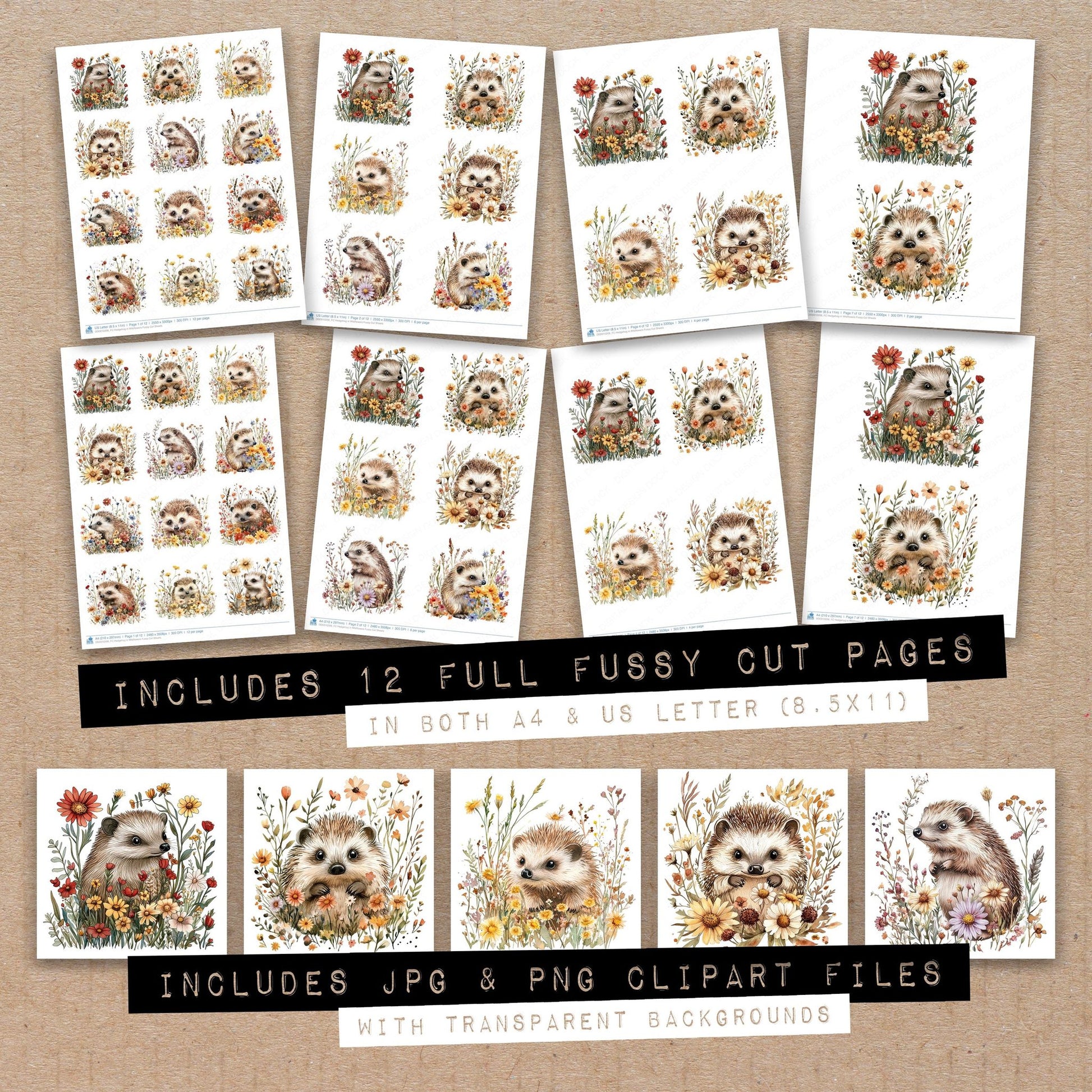 Full collection view of Hedgehog in Wildflowers fussy cut sheets with bonus clipart JPG and PNG files
