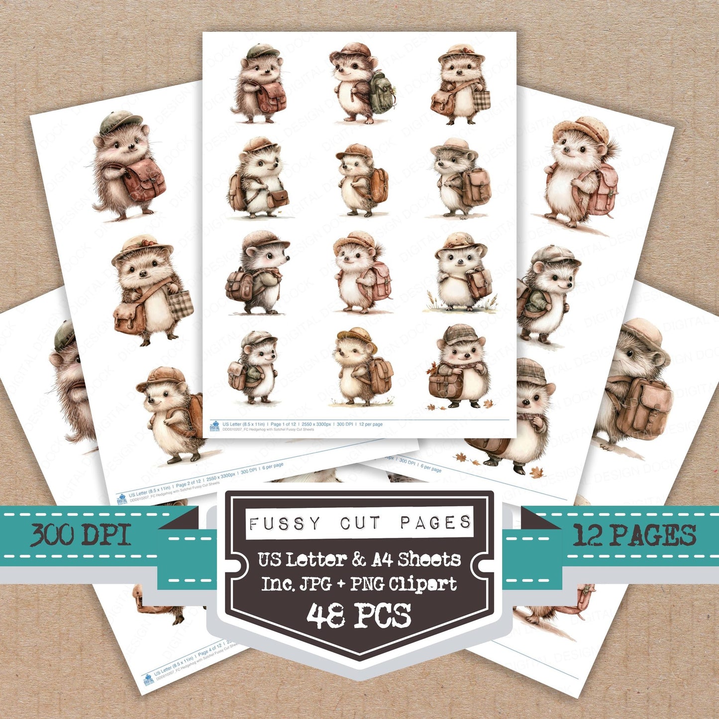 Hedgehog with Satchel fussy cut printable sheets for junk journaling, scrapbooking, and paper craft projects