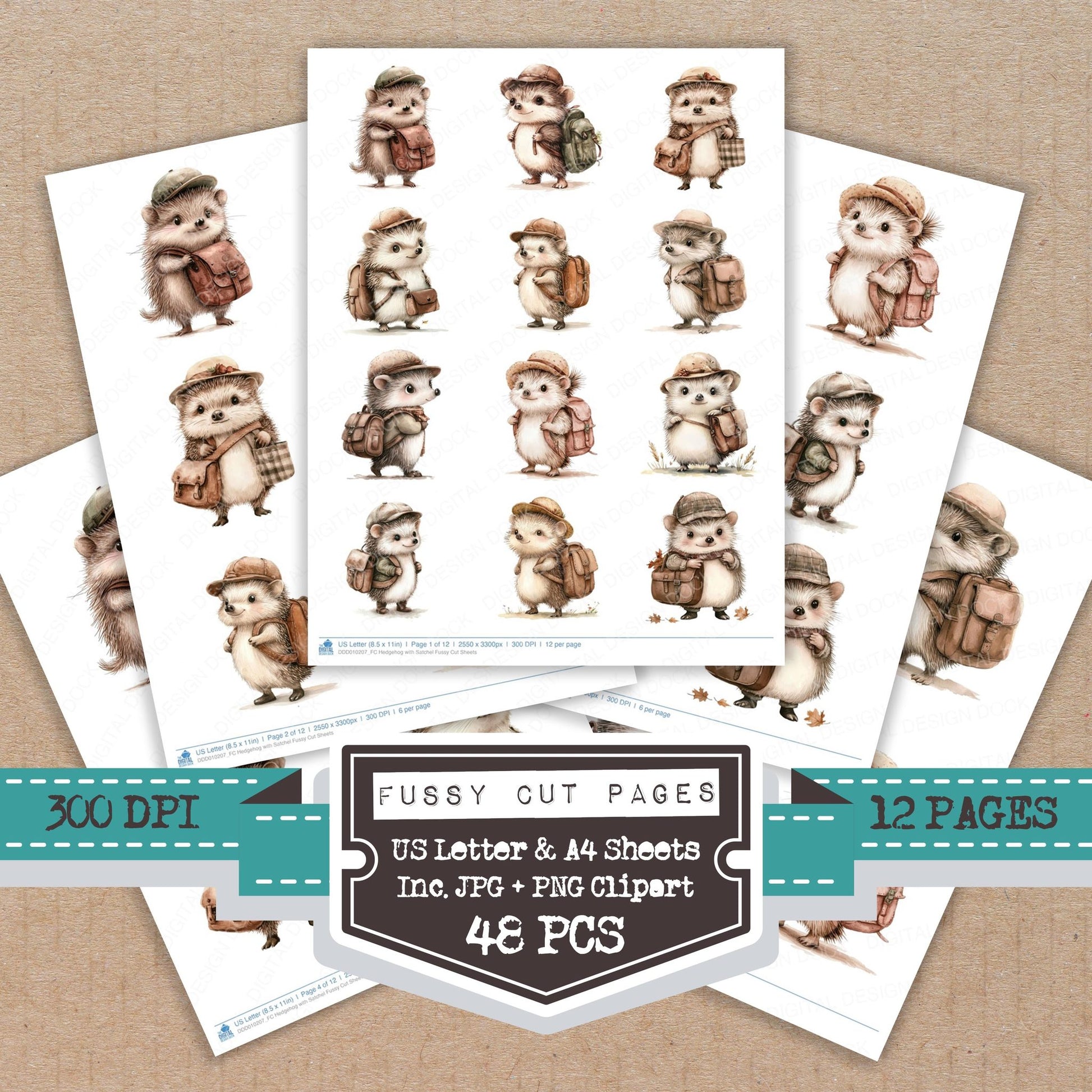 Hedgehog with Satchel fussy cut printable sheets for junk journaling, scrapbooking, and paper craft projects