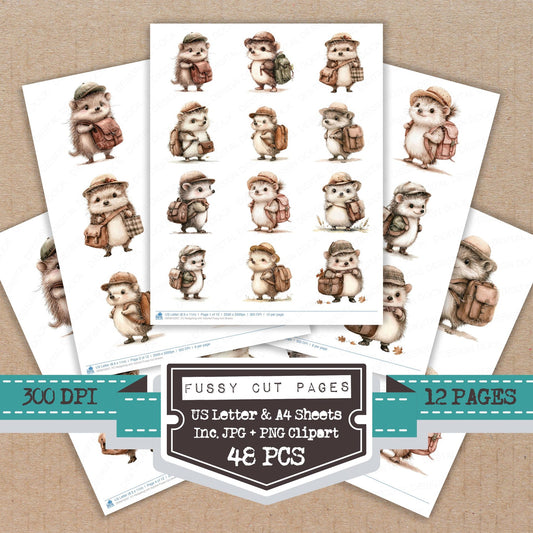 Hedgehog with Satchel fussy cut printable sheets for junk journaling, scrapbooking, and paper craft projects