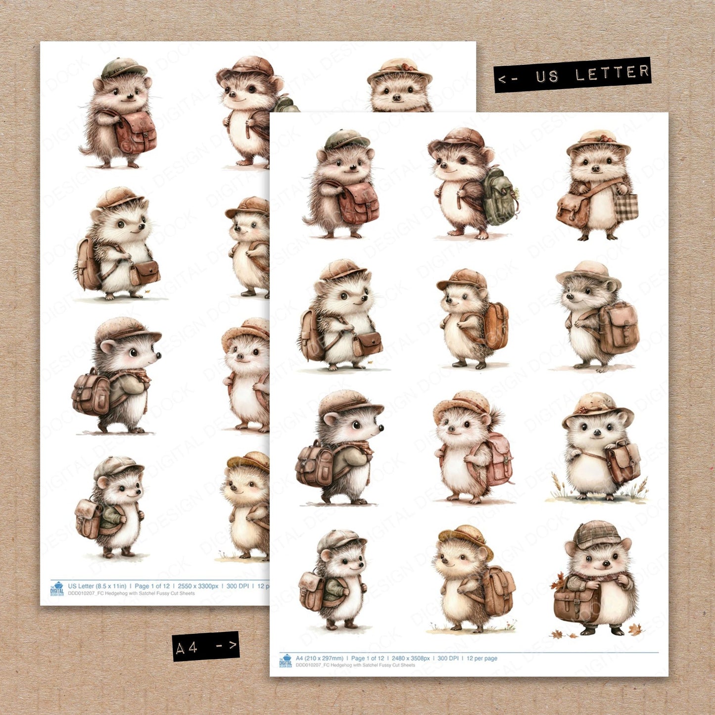 A4 and US Letter format comparison showing Hedgehog with Satchel fussy cut pages for print and cut crafting