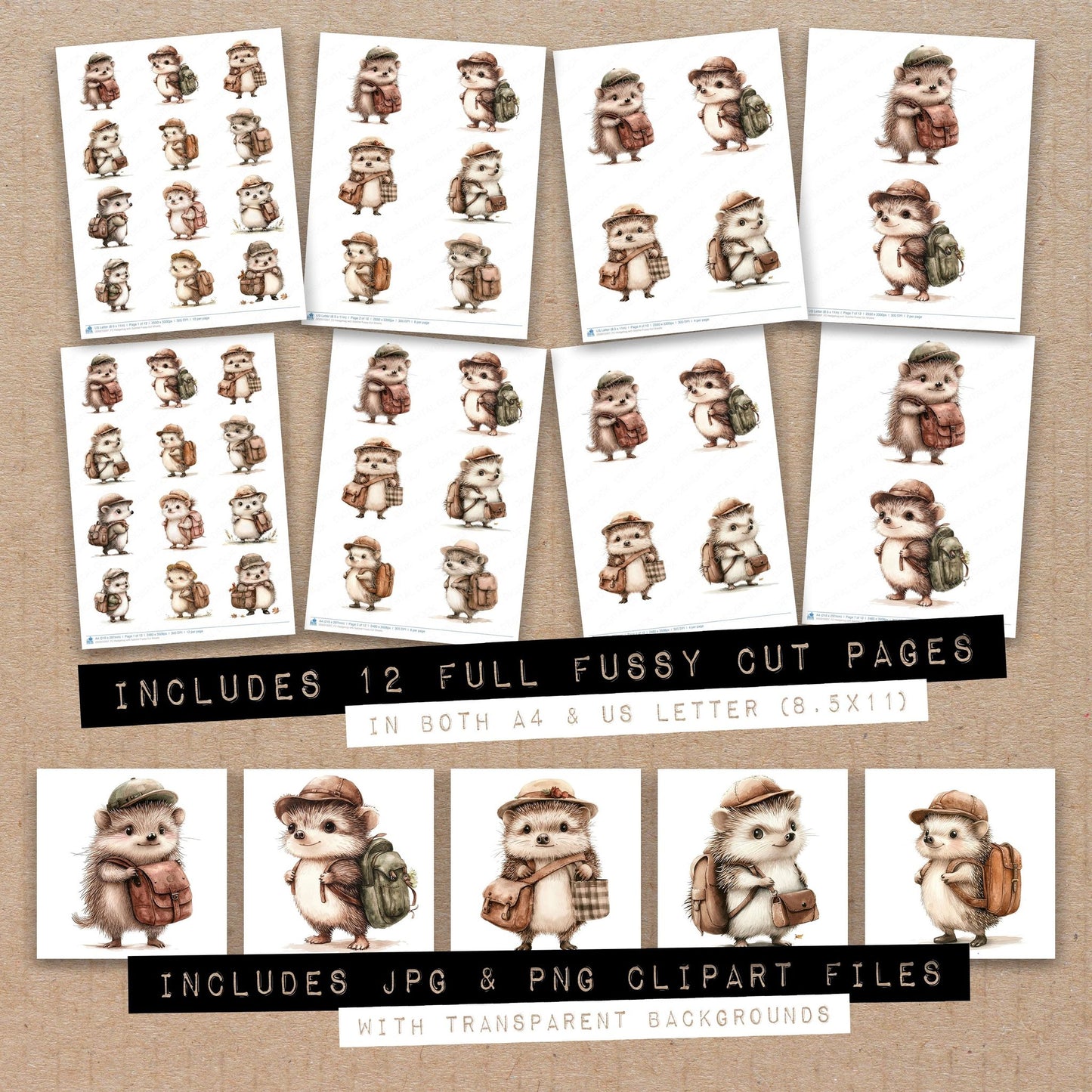 Full collection view of Hedgehog with Satchel fussy cut sheets with bonus clipart JPG and PNG files