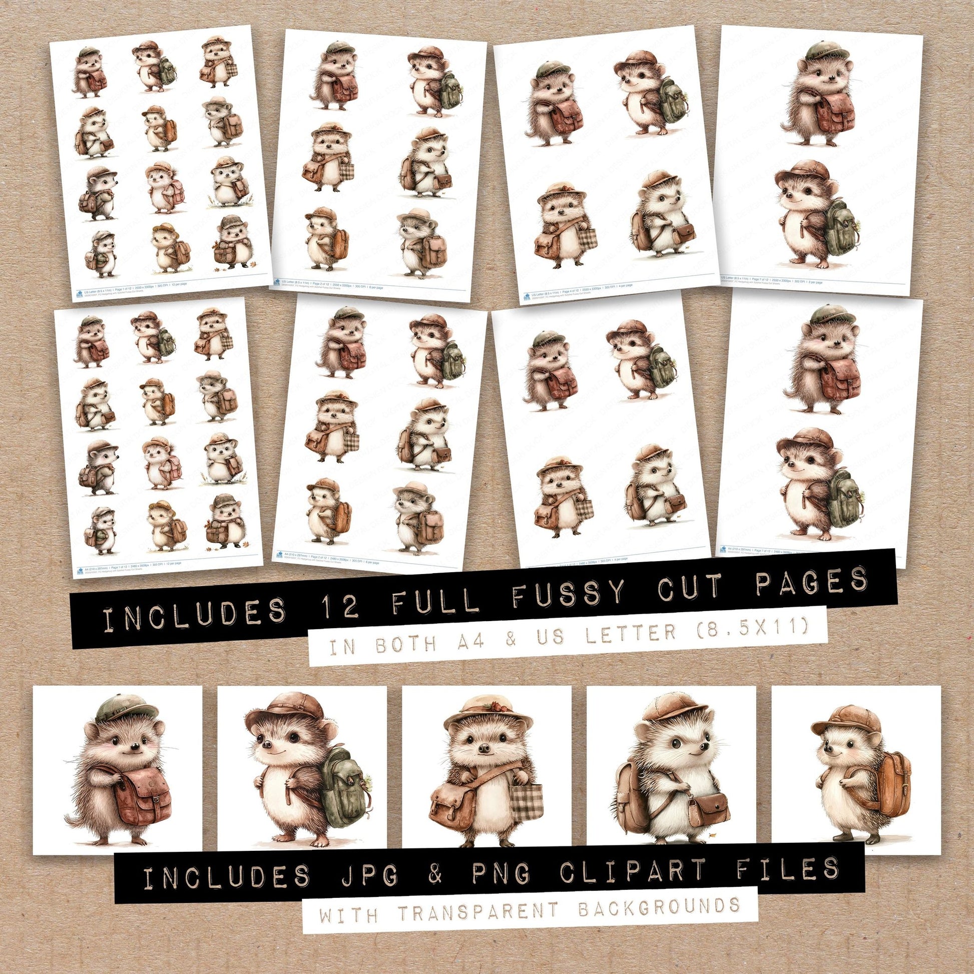 Full collection view of Hedgehog with Satchel fussy cut sheets with bonus clipart JPG and PNG files
