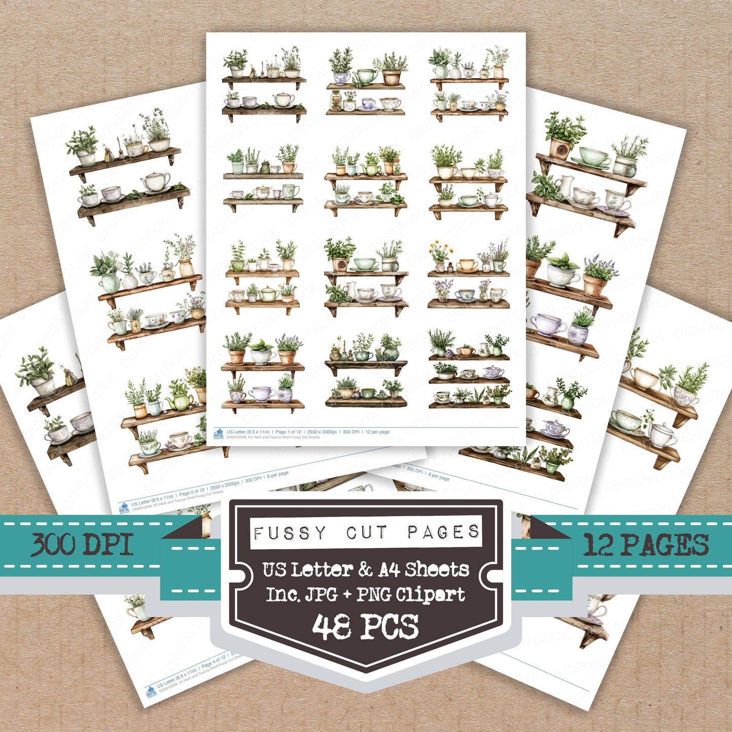 Herb and Teacup Shelf fussy cut printable sheets for junk journaling, scrapbooking, and paper craft projects