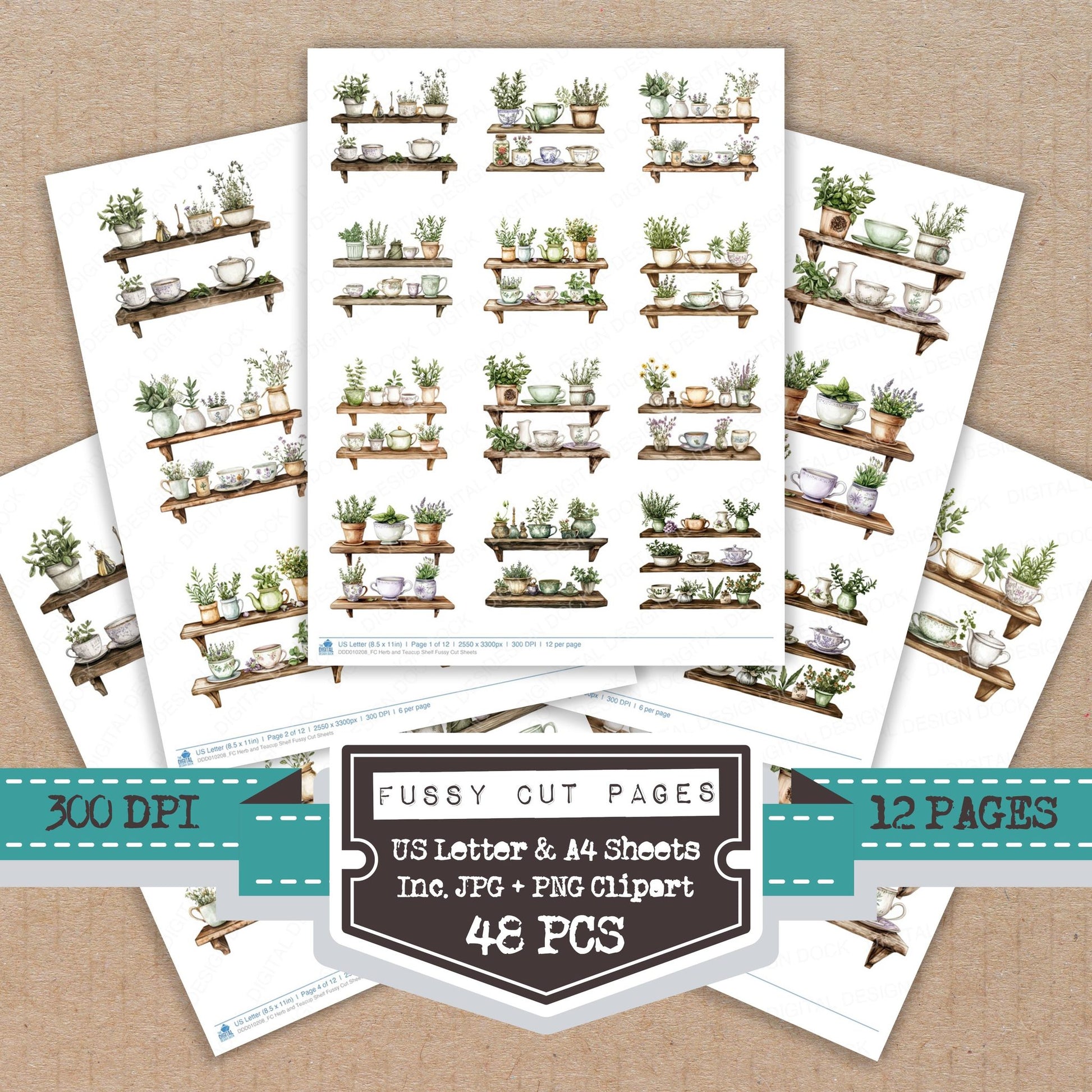 Herb and Teacup Shelf fussy cut printable sheets for junk journaling, scrapbooking, and paper craft projects