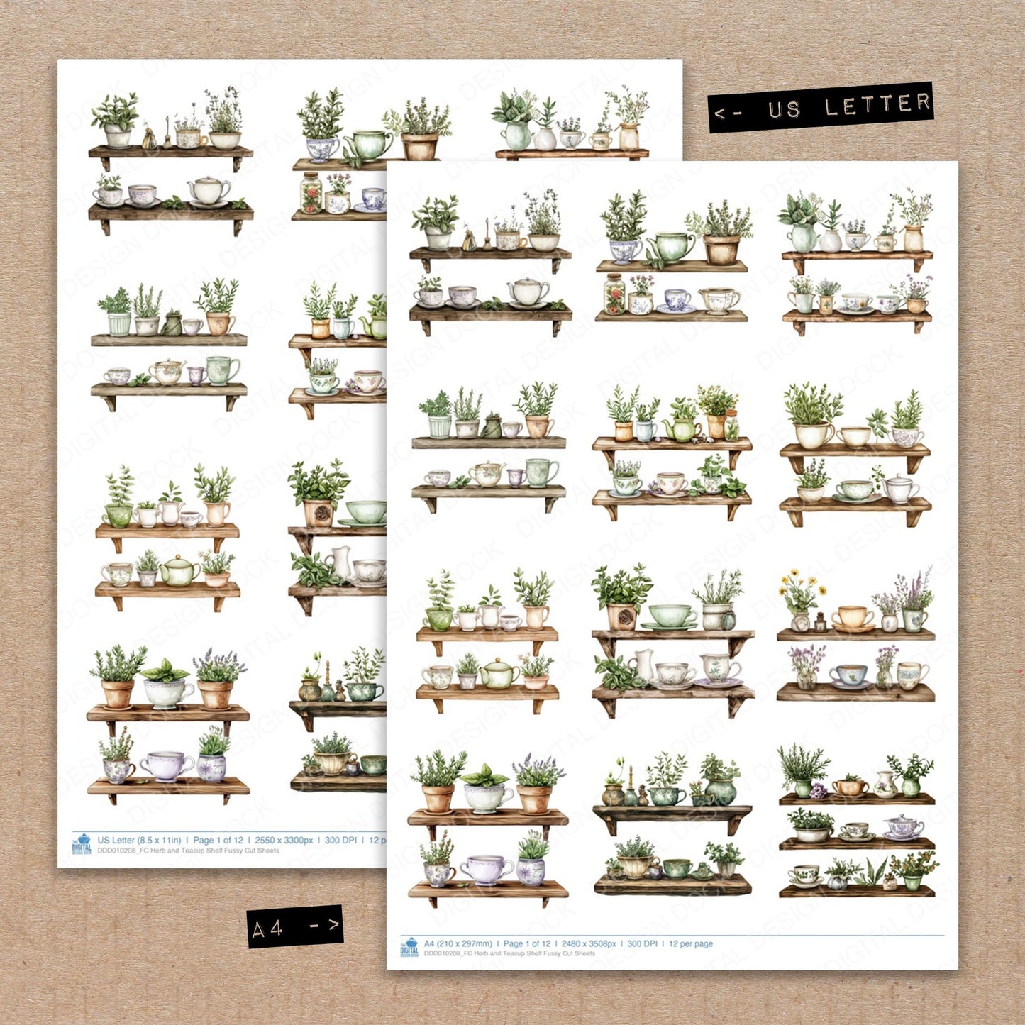 A4 and US Letter format comparison showing Herb and Teacup Shelf fussy cut pages for print and cut crafting