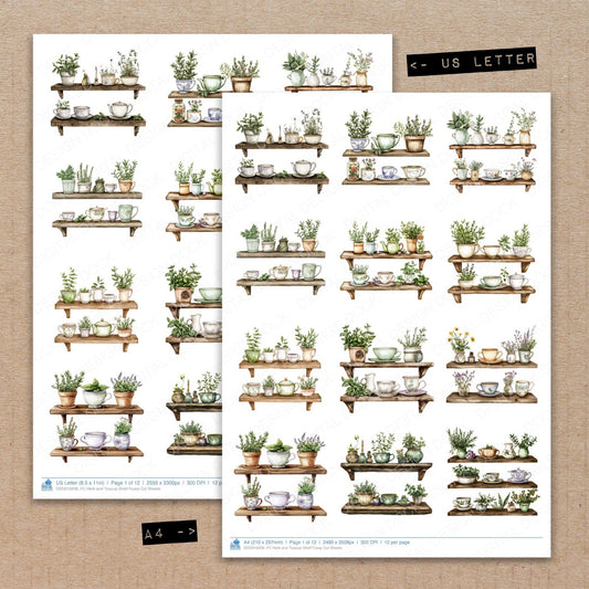 A4 and US Letter format comparison showing Herb and Teacup Shelf fussy cut pages for print and cut crafting