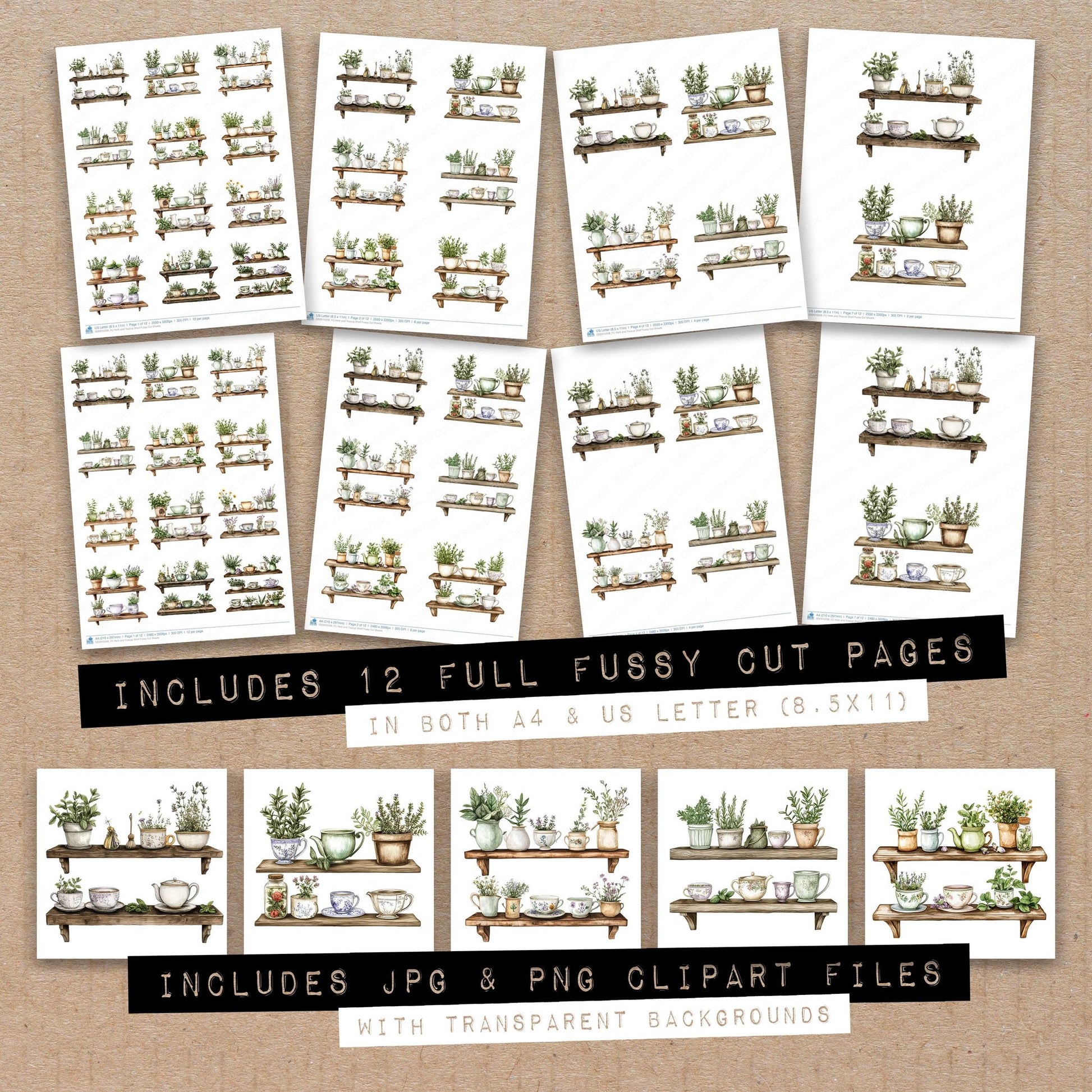 Full collection view of Herb and Teacup Shelf fussy cut sheets with bonus clipart JPG and PNG files