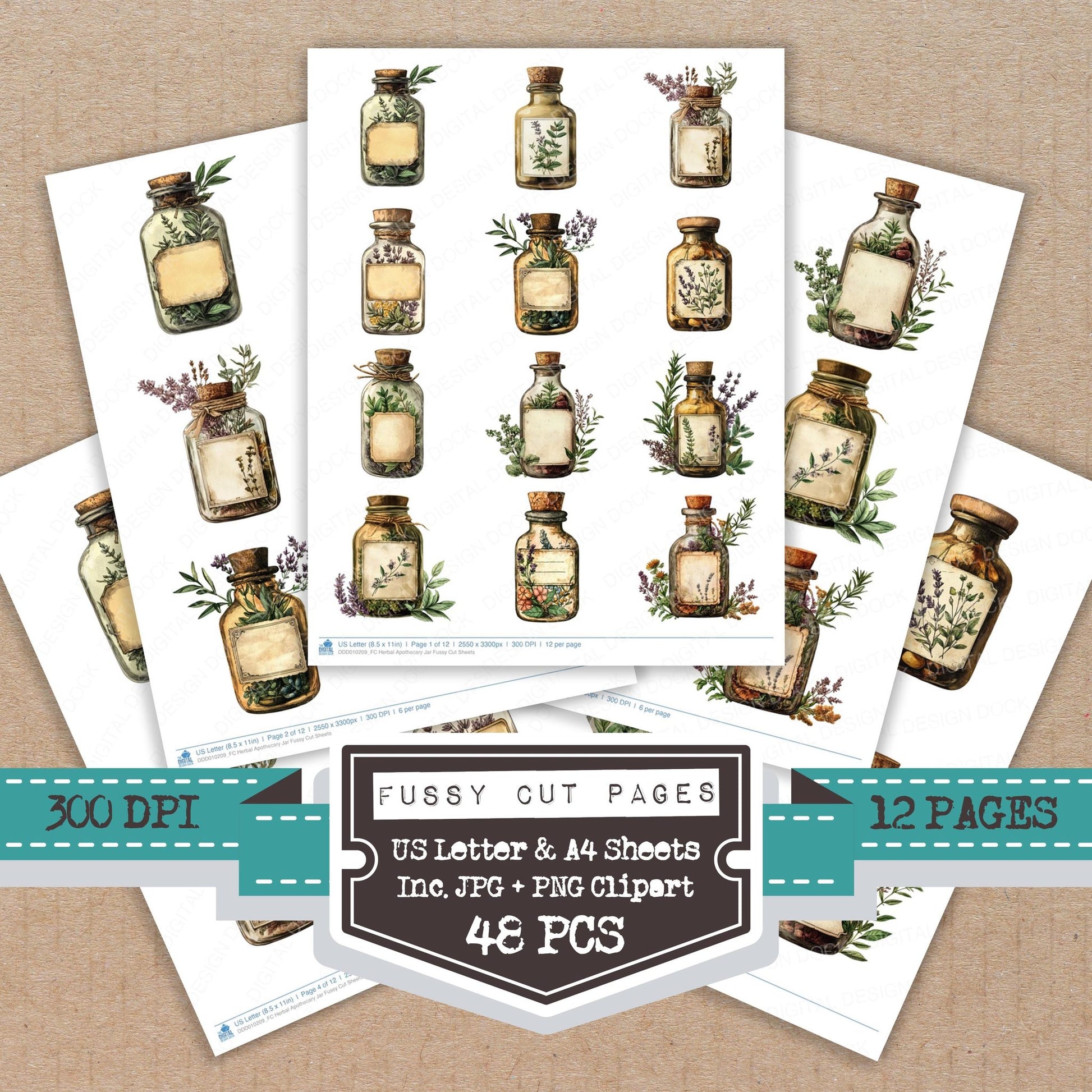 Herbal Apothecary Jar fussy cut printable sheets for junk journaling, scrapbooking, and paper craft projects